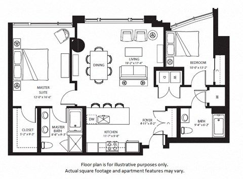Floor plan for 2 beds, 2 baths, 1222 sqft